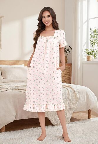 Bloggerlove Nightgown for Women Short Sleeve Lightweight House Dress Ruffle Hem Night Gown Long Lounge Dresses with Pockets in Saudi Arabia
