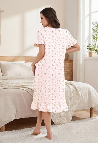 Bloggerlove Nightgown for Women Short Sleeve Lightweight House Dress Ruffle Hem Night Gown Long Lounge Dresses with Pockets in Saudi Arabia