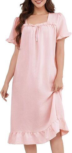 Bloggerlove Nightgown for Women Short Sleeve Lightweight House Dress Ruffle Hem Night Gown Long Lounge Dresses with Pockets in Saudi Arabia