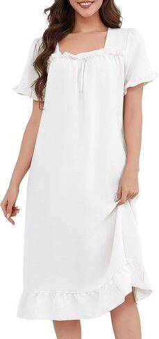 Bloggerlove Nightgown for Women Short Sleeve Lightweight House Dress Ruffle Hem Night Gown Long Lounge Dresses with Pockets in Saudi Arabia