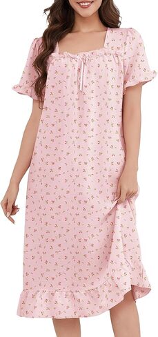 Bloggerlove Nightgown for Women Short Sleeve Lightweight House Dress Ruffle Hem Night Gown Long Lounge Dresses with Pockets in Saudi Arabia