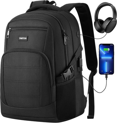 YAMTION Black Backpack for Men and Women, Laptop Backpack with USB Charging Port, School Backpack for Boys and Girls, Lightweight Bookbag, Work Backpack Fits 15.6 Inch Notebook in Saudi Arabia