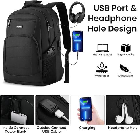 YAMTION حقيبة ظهر سوداء للرجال والنساء، حقيبة ظهر للكمبيوتر المحمول مع منفذ شحن USB، حقيبة ظهر مدرسية للبنين والبنات، حقيبة كتب خفيفة الوزن، حقيبة ظهر للعمل تناسب جهاز الكمبيوتر المحمول مقاس 15.6 بوصة in Saudi Arabia