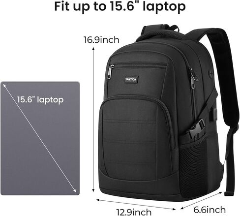 YAMTION Black Backpack for Men and Women, Laptop Backpack with USB Charging Port, School Backpack for Boys and Girls, Lightweight Bookbag, Work Backpack Fits 15.6 Inch Notebook in Saudi Arabia