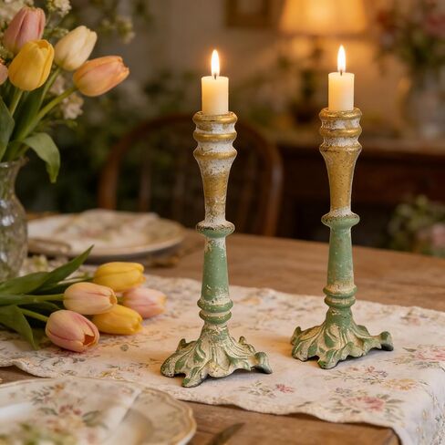 2-Piece Vintage Rose Taper Candle Holders, Distressed Green Metal Candlestick Stands with Pink Floral Design, 12.2" Tall Rustic Farmhouse Tabletop Decor for Wedding, Dining & Home in Saudi Arabia