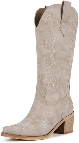 ZJA Women's Mid Calf Western Cowboy Boots Cowgirl Floral Embroidered Chunky Heel Block Pointed Toe Pull-On Boots in Saudi Arabia