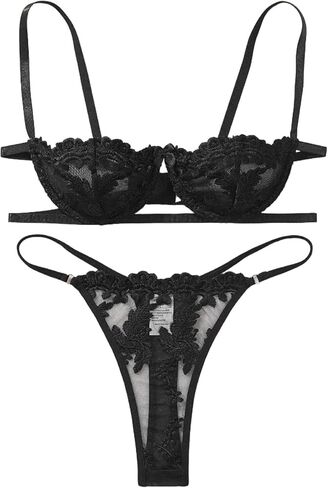 Embroidered Mesh Lingerie Sets for Women Sexy Half Cup Bra and Panty Underwire Push Up Bra Underwear Set XXS-4XX（） in Saudi Arabia