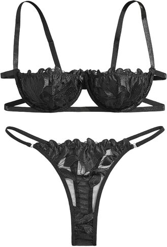 Embroidered Mesh Lingerie Sets for Women Sexy Half Cup Bra and Panty Underwire Push Up Bra Underwear Set XXS-4XX（） in Saudi Arabia
