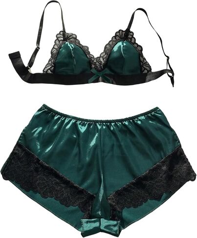 SHENHE Women's 2 Piece Satin Lingerie Set Bowknot Lace Bra and Shorts Underwear Sets in Saudi Arabia