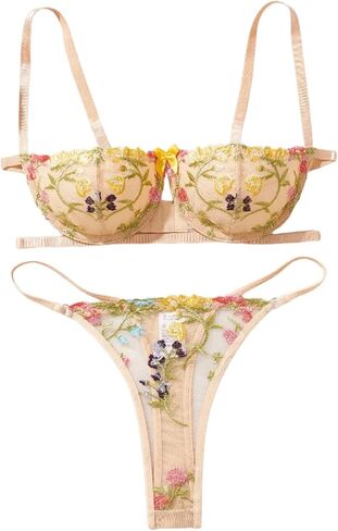 Embroidered Mesh Lingerie Sets for Women Sexy Half Cup Bra and Panty Underwire Push Up Bra Underwear Set XXS-4XX（） in Saudi Arabia
