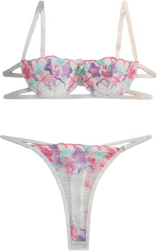 Embroidered Mesh Lingerie Sets for Women Sexy Half Cup Bra and Panty Underwire Push Up Bra Underwear Set XXS-4XX（） in Saudi Arabia