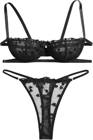 Embroidered Mesh Lingerie Sets for Women Sexy Half Cup Bra and Panty Underwire Push Up Bra Underwear Set XXS-4XX（） in Saudi Arabia