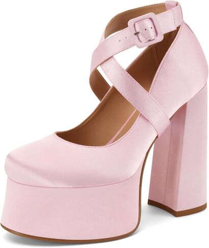Oh Mispares Women’s Platform Chunky High Heels Satin Ankle Cross Strap Buckle Round Closed Toe Heeled Lolita Mary Jane Pull On Pumps Shoes 5.6 Inch in Saudi Arabia