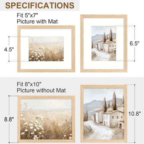 مجموعة إطارات صور Vitanly مقاس 8x10 مكونة من قطعتين، إطار خشبي صلب للجدار أو سطح الطاولة، صورة عرض 5x7 مع حصيرة أو 8x10 بدون حصيرة، طبيعي in Kuwait