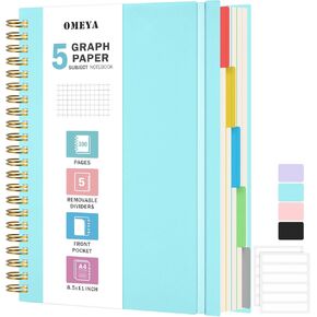Graph Paper Notebook: 5 Subject Graphing Notebook with Removable Dividers, 300 Pages 100gsm Thick Spiral Grid Notebooks, 5x5 Graph Ruled Paper, Large A4 Journal for School Work Women Men, 8.5" X 11" in Kuwait