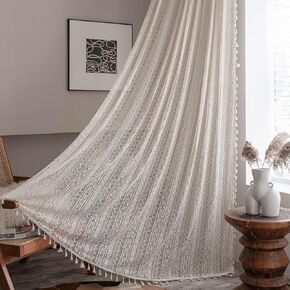 Boho Style Cotton Curtains Semi Blackout Window Bohemian Decoration Drapes Lace Crochet Macrame Lace Semi-Sheer Vintage Tassels Windows Curtains Panels for Living Room(Size:150x60cm) in Saudi Arabia