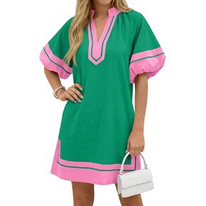 Wenrine Womens Summer Mini Dress Puff Sleeve Casual V Neck Color Block Side Slit Loose Shirt Dresses with Pockets in Saudi Arabia