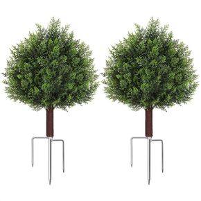 Suntee Artificial Cedar Topiary Trees with Ground Spike, 2 Pack Fake Bushes Topiary Trees Artificial Outdoor, UV Resistant Evergreen Outdoor Faux Plants for Garden Front Porch Decor (18.9in+7.1in) in Kuwait