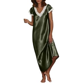 Long Silk Nightgown for Women Short Sleeve Lace V Neck Satin Pajamas Soft Skin-Friendly Loungewear Moomoo Dresses in Saudi Arabia