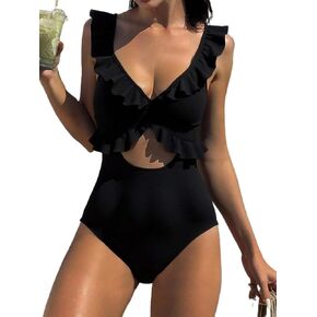 Womens Backless Cutout Ruffle Trim Monokini Swimsuit - One Piece Swimwear for Summer Beach Fun in Saudi Arabia