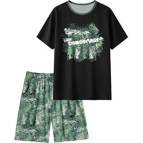 بيجامة للأولاد مكونة من قطعتين، مجموعة ملابس نوم صيفية قصيرة للأطفال، للأولاد بأكمام قصيرة مريحة وسروال PJs مقاس 8-14 in Kuwait