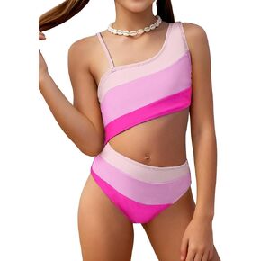 Girls One Piece Swimsuit Color Block One Shoulder Bathing Suit Cut Out Swimwear in Kuwait