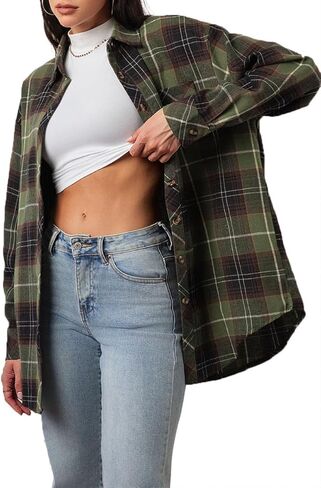 CHYRII Womens Button Down Flannel Shirts Long Sleeve Plaid Shackets Business Casual Blouse Top in Kuwait