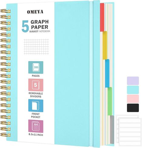 دفتر ملاحظات ورق الرسم البياني: 5 دفتر رسوم بيانية للموضوعات مع فواصل قابلة للإزالة، 300 صفحة 100 جرام في المتر المربع دفاتر ملاحظات شبكية حلزونية سميكة، ورق رسم بياني مقاس 5 × 5، مجلة A4 كبيرة للعمل المدرسي للنساء والرجال، 8.5 بوصة × 11 بوصة in Kuwait