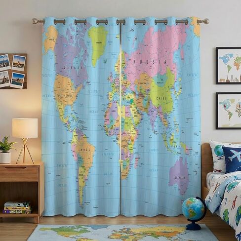 خريطة العالم ستائر التعتيم للفتيات الصبي ديكور المنزل، الجغرافيا التعليمية خريطة السياحة جروميت الحرارية معزولة الستائر سواد نافذة الستار لغرفة النوم غرفة المعيشة، 63 × 63 بوصة in Kuwait