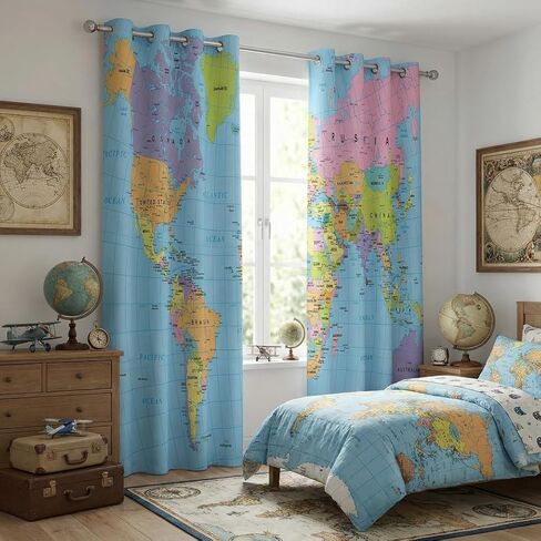 خريطة العالم ستائر التعتيم للفتيات الصبي ديكور المنزل، الجغرافيا التعليمية خريطة السياحة جروميت الحرارية معزولة الستائر سواد نافذة الستار لغرفة النوم غرفة المعيشة، 63 × 63 بوصة in Kuwait