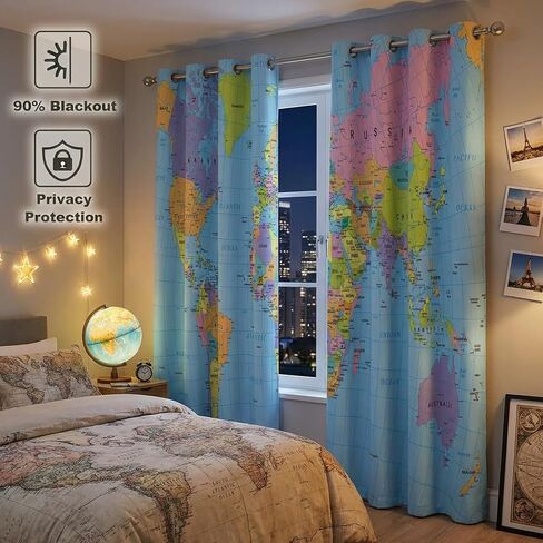 خريطة العالم ستائر التعتيم للفتيات الصبي ديكور المنزل، الجغرافيا التعليمية خريطة السياحة جروميت الحرارية معزولة الستائر سواد نافذة الستار لغرفة النوم غرفة المعيشة، 63 × 63 بوصة in Kuwait