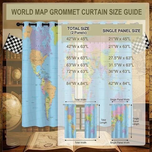 خريطة العالم ستائر التعتيم للفتيات الصبي ديكور المنزل، الجغرافيا التعليمية خريطة السياحة جروميت الحرارية معزولة الستائر سواد نافذة الستار لغرفة النوم غرفة المعيشة، 63 × 63 بوصة in Kuwait