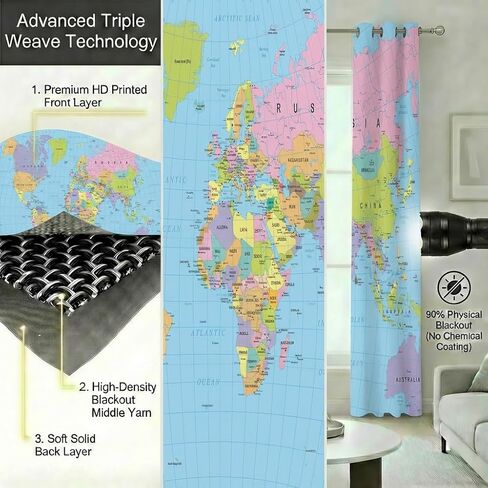 خريطة العالم ستائر التعتيم للفتيات الصبي ديكور المنزل، الجغرافيا التعليمية خريطة السياحة جروميت الحرارية معزولة الستائر سواد نافذة الستار لغرفة النوم غرفة المعيشة، 63 × 63 بوصة in Kuwait