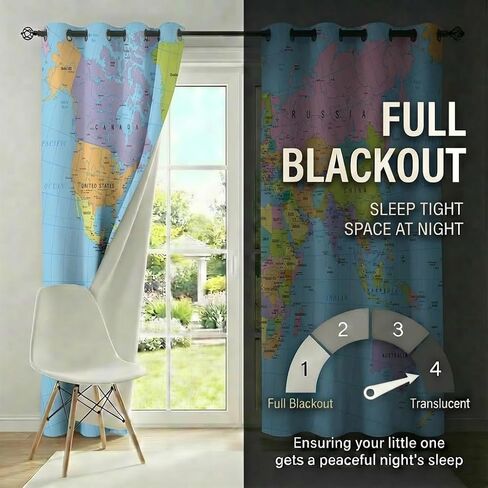 خريطة العالم ستائر التعتيم للفتيات الصبي ديكور المنزل، الجغرافيا التعليمية خريطة السياحة جروميت الحرارية معزولة الستائر سواد نافذة الستار لغرفة النوم غرفة المعيشة، 63 × 63 بوصة in Kuwait