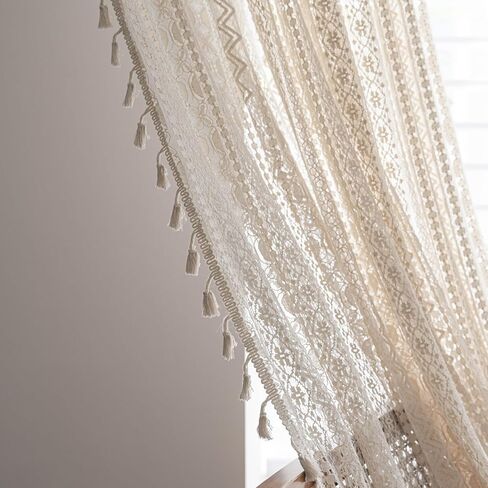 Boho Style Cotton Curtains Semi Blackout Window Bohemian Decoration Drapes Lace Crochet Macrame Lace Semi-Sheer Vintage Tassels Windows Curtains Panels for Living Room(Size:150x60cm) in Saudi Arabia