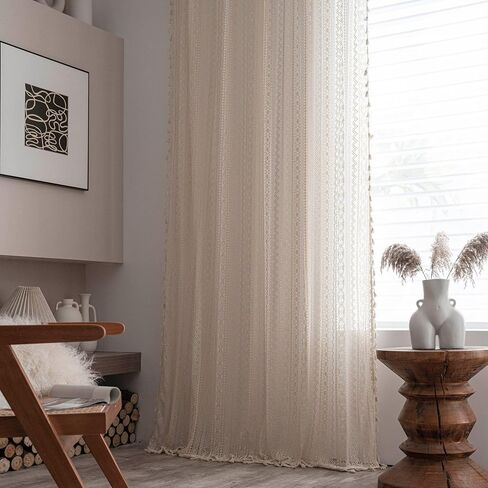Boho Style Cotton Curtains Semi Blackout Window Bohemian Decoration Drapes Lace Crochet Macrame Lace Semi-Sheer Vintage Tassels Windows Curtains Panels for Living Room(Size:150x60cm) in Saudi Arabia