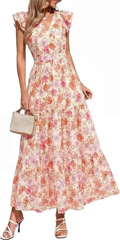 PRETTYGARDEN Women's Spring Summer Maxi Dresses 2026 Casual Wrap V Neck Floral Ruffle Sleeve Flowy Long Beach Boho Sun Dress in Saudi Arabia