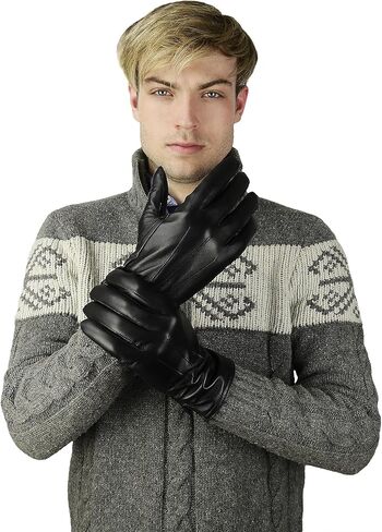 قفازات جلدية مبطنة بالكشمير من جلد الغنم الفاخر للرجال (MCA-BK-L) in Kuwait