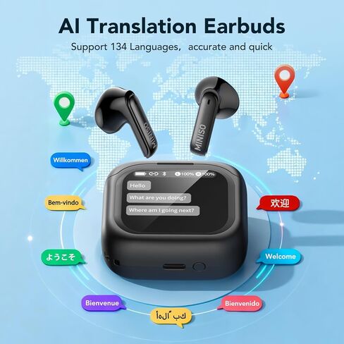 MINISO MS103 AI Translation Earbuds Real Time, Translation Earbuds for 134 Languages with LCD Touchscreen, Bluetooth 6.0 Language Translator Headphones for Travel, Business, Learning in Saudi Arabia