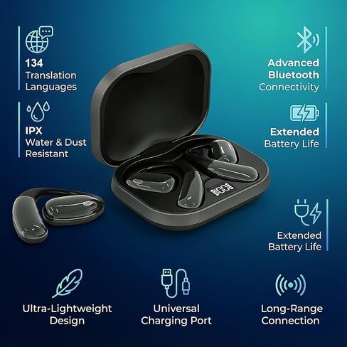 HAUSBELL AI سماعات أذن للترجمة في الوقت الحقيقي، جهاز مترجم لغة 134، سماعات أذن لاسلكية للسفر والتعلم والمكالمات، Audifonos Traductores Inglés Español، ملاءمة مريحة، وقت تشغيل 80 ساعة in Kuwait