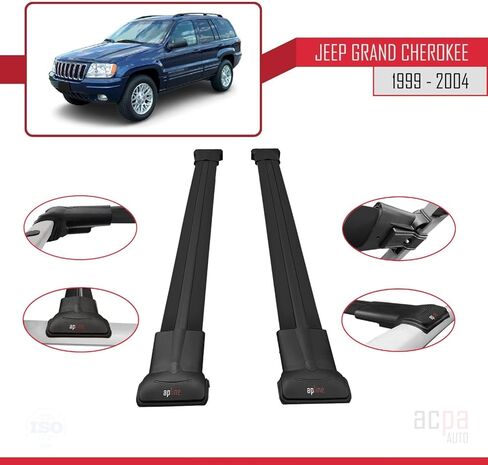 متوافق مع Jeep Grand Cherokee 2 (WJ) 1999-2004 FLY Model Cross Bar Car Top Luggage Carrier Rails Roof Racks ألومنيوم أسود 2 بار in Saudi Arabia