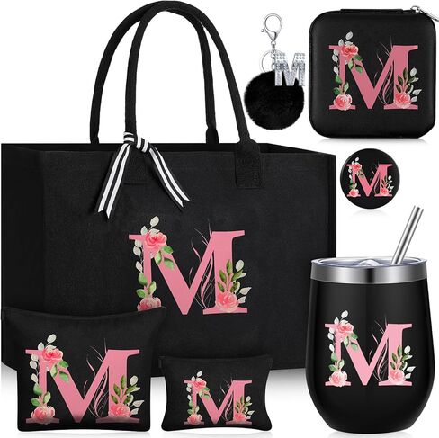 7 Pcs Initial Gifts Sets for Women Initial Tote Bag Monogram Makeup Bag Initial Cup Birthday Gift for Bride Women Mom(Letter M) in Saudi Arabia