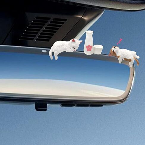 Mini Cute Drunken Cat and Sake Bottle Car Accessories, Fun Cat Dashboard Decorations for Women Girls, Car Interior Decor for Rearview Mirror Ornaments & Desk in Kuwait