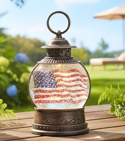 Gerson International American Flag Spinning Water Globe Lighted Lantern, Black, 11.25 Inches, Vintage Style in Kuwait