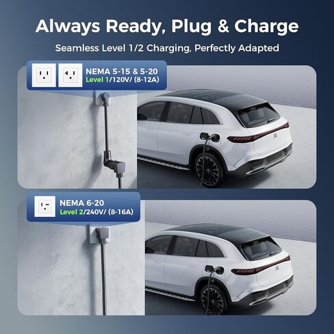 شاحن EV محمول من المستوى 1 و2، (16 أمبير/12 أمبير، 240 فولت-110 فولت)، تيار/مؤقت قابل للتعديل J1772 شاحن منزلي، قابس NEMA 6-20 و5-15، كابل شحن 21FT EV، موصل J1772 لـ SEA J1772 EVs/PHEVs in Kuwait