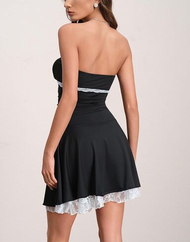Women's Sexy Strapless Tube Ruched Wasit Ruffle Hem Swing A-Line Party Mini Dress in Saudi Arabia