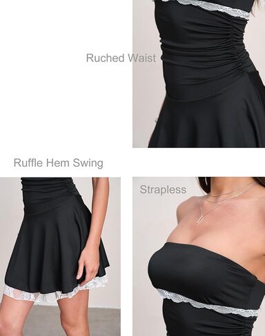Women's Sexy Strapless Tube Ruched Wasit Ruffle Hem Swing A-Line Party Mini Dress in Saudi Arabia