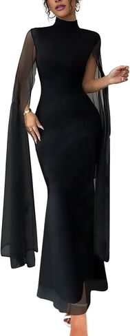 فستان ماكسي نسائي مثير أنيق رسمي برقبة وهمية وأكمام واسعة من القماش الشبكي in Kuwait