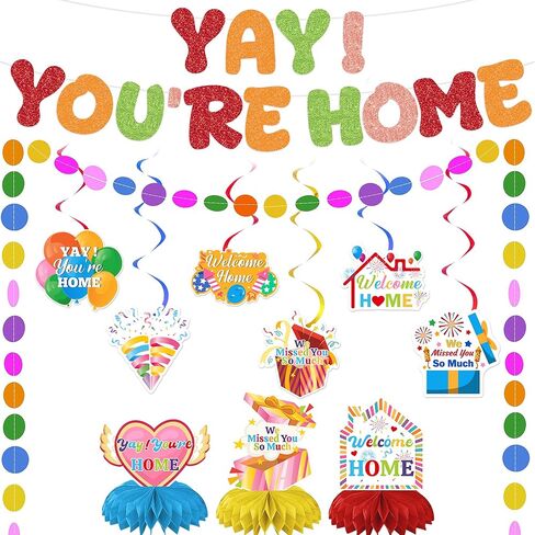 لافتة الترحيب بالمنزل - لوازم الحفلات المنزلية باللون الذهبي الأسود مع دوامات معلقة وقطع مركزية على شكل قرص العسل وأكاليل للرجال والنساء وديكور حفلات العودة للوطن in Kuwait