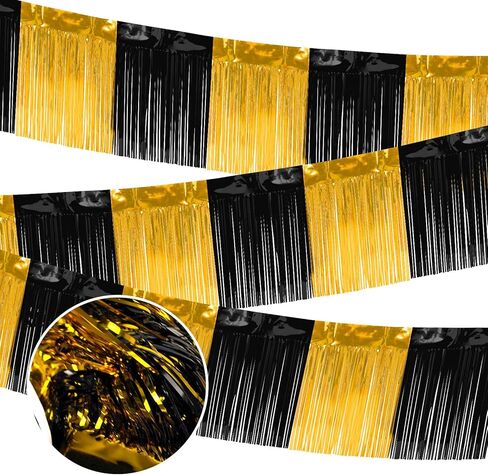 3 Pack 10 Feet Black Gold Tinsel Garland,Ideal Parade Float Decorations for Trailer,Foil Fringe Garland for Graduation,Carnival,Birthday,Party Decor,Indoor,Outdoor,Mall Stage,Decoration in Saudi Arabia